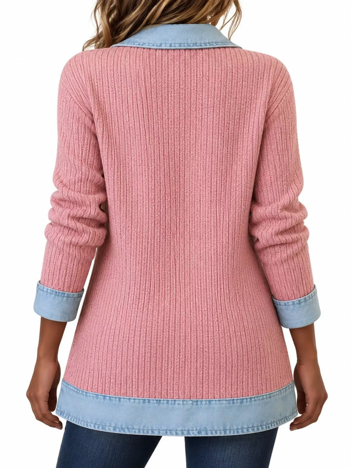 Denim-look lapel ribbed knit in pink, back view