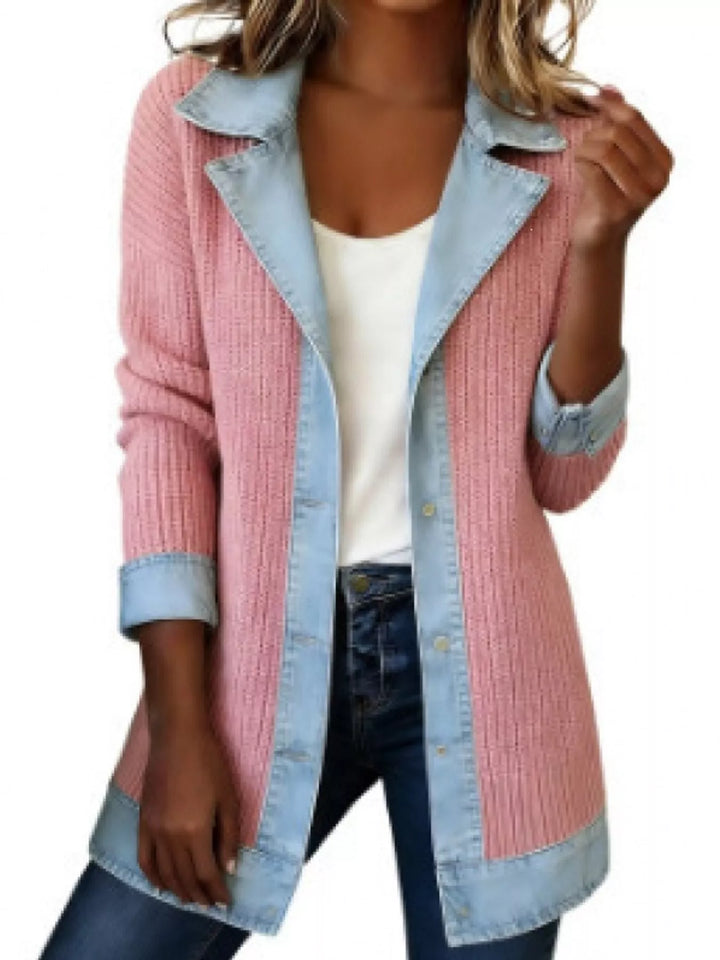 Denim-look lapel ribbed knit in pink, front view