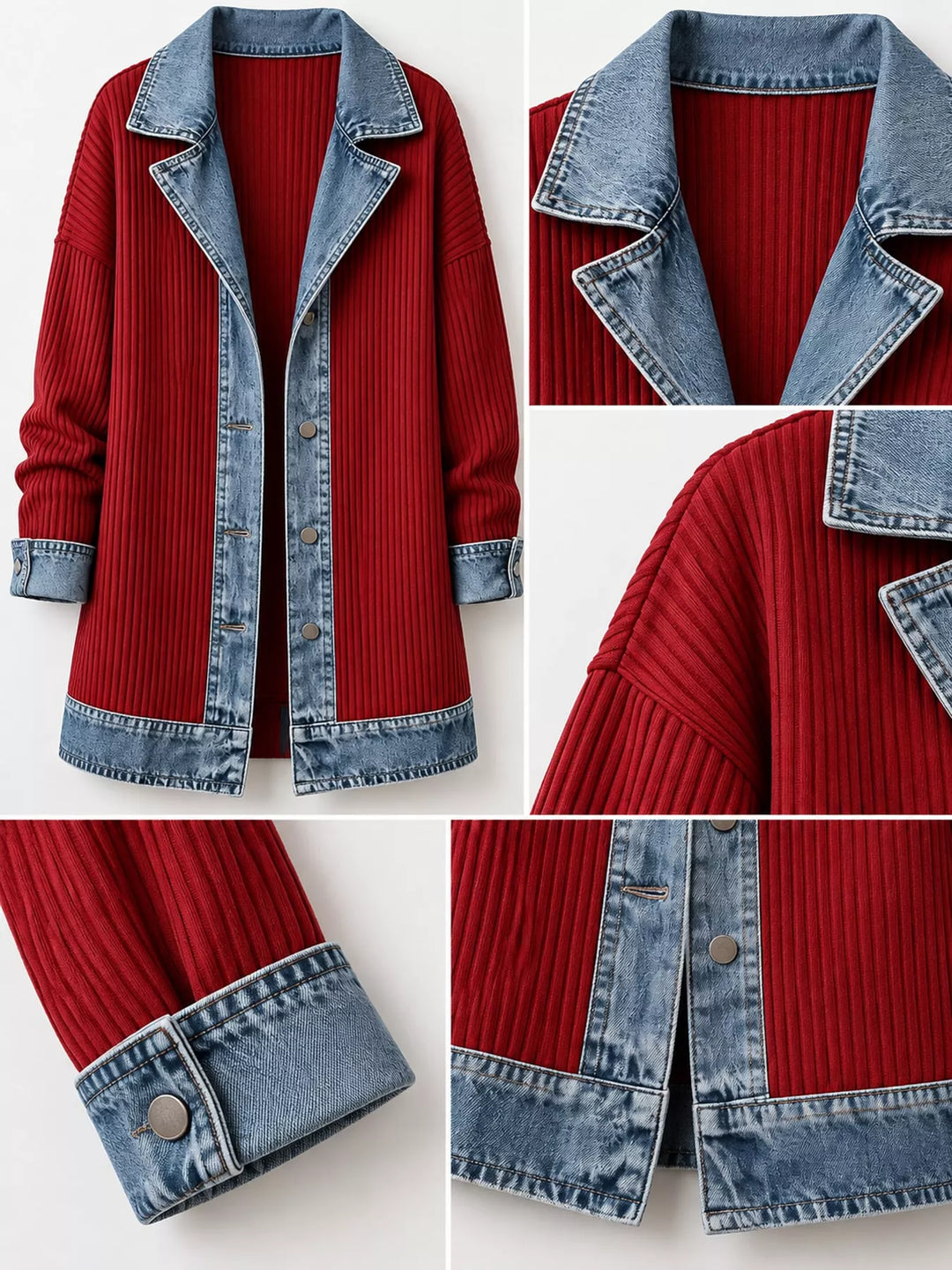Denim-look lapel ribbed knit in red, close-up detail