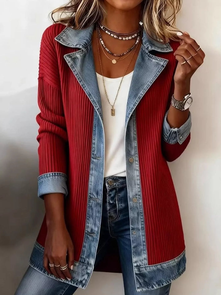 Denim-look lapel ribbed knit in red, front view