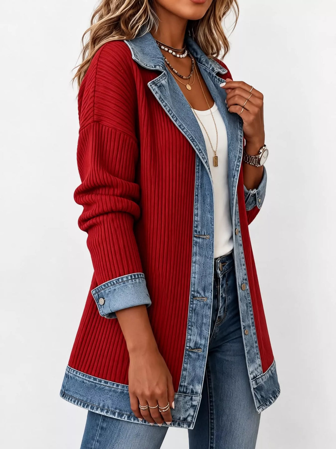 Denim-look lapel ribbed knit in red, styled on model