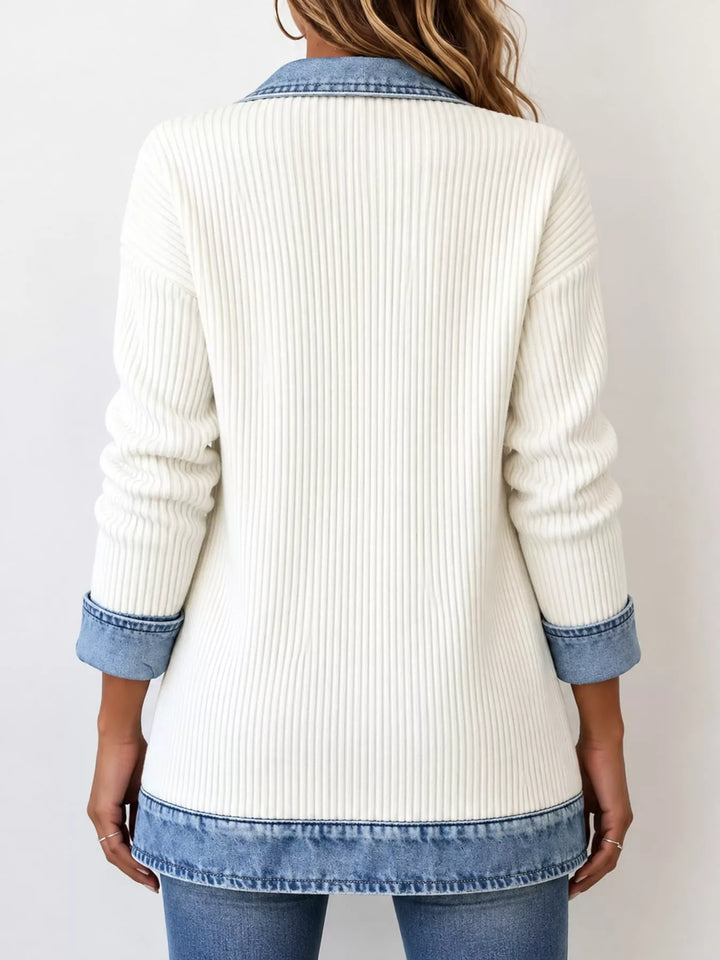 Denim-look lapel ribbed knit in white, back view