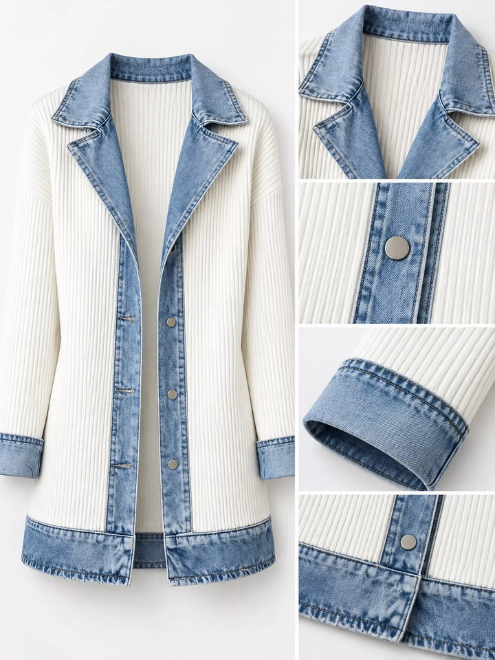 Denim-look lapel ribbed knit in white, close-up detail