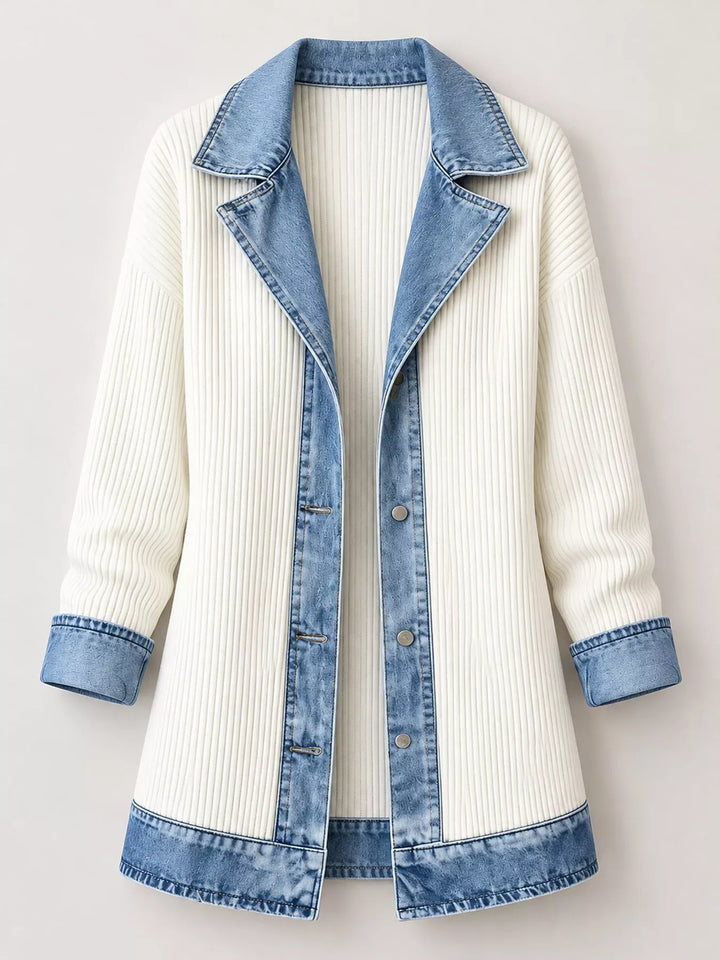 Denim-look lapel ribbed knit in white, flat lay