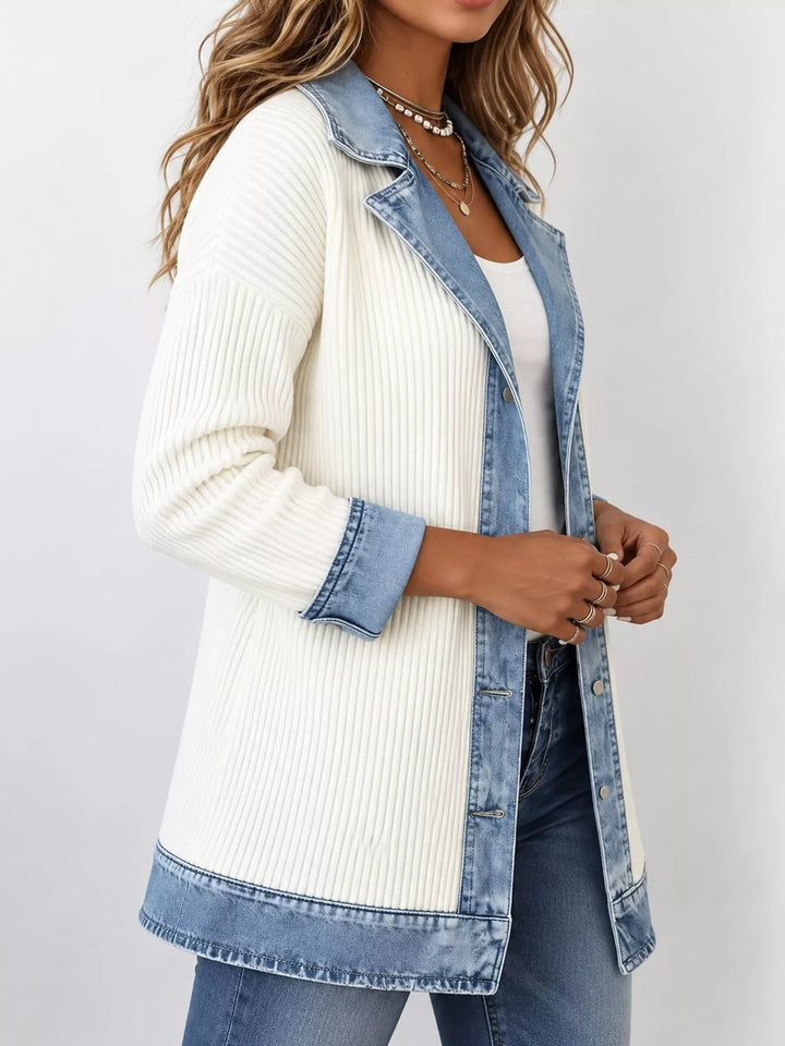 Denim-look lapel ribbed knit in white, styled on model