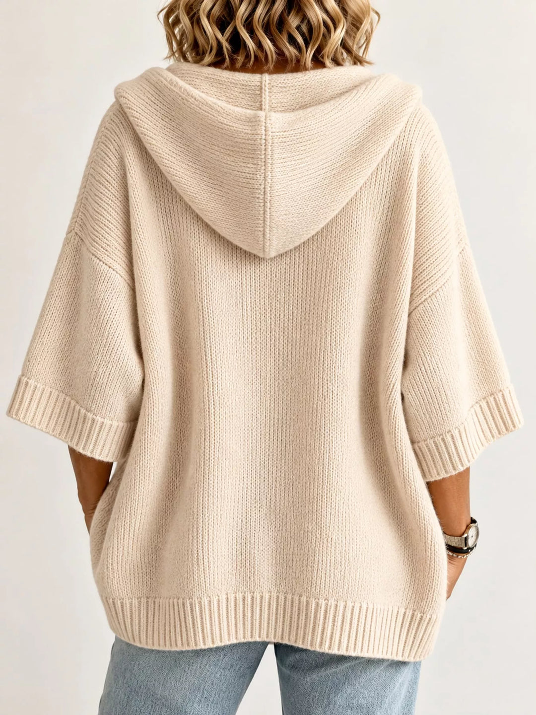 Hooded open front drop shoulder in apricot color, back view