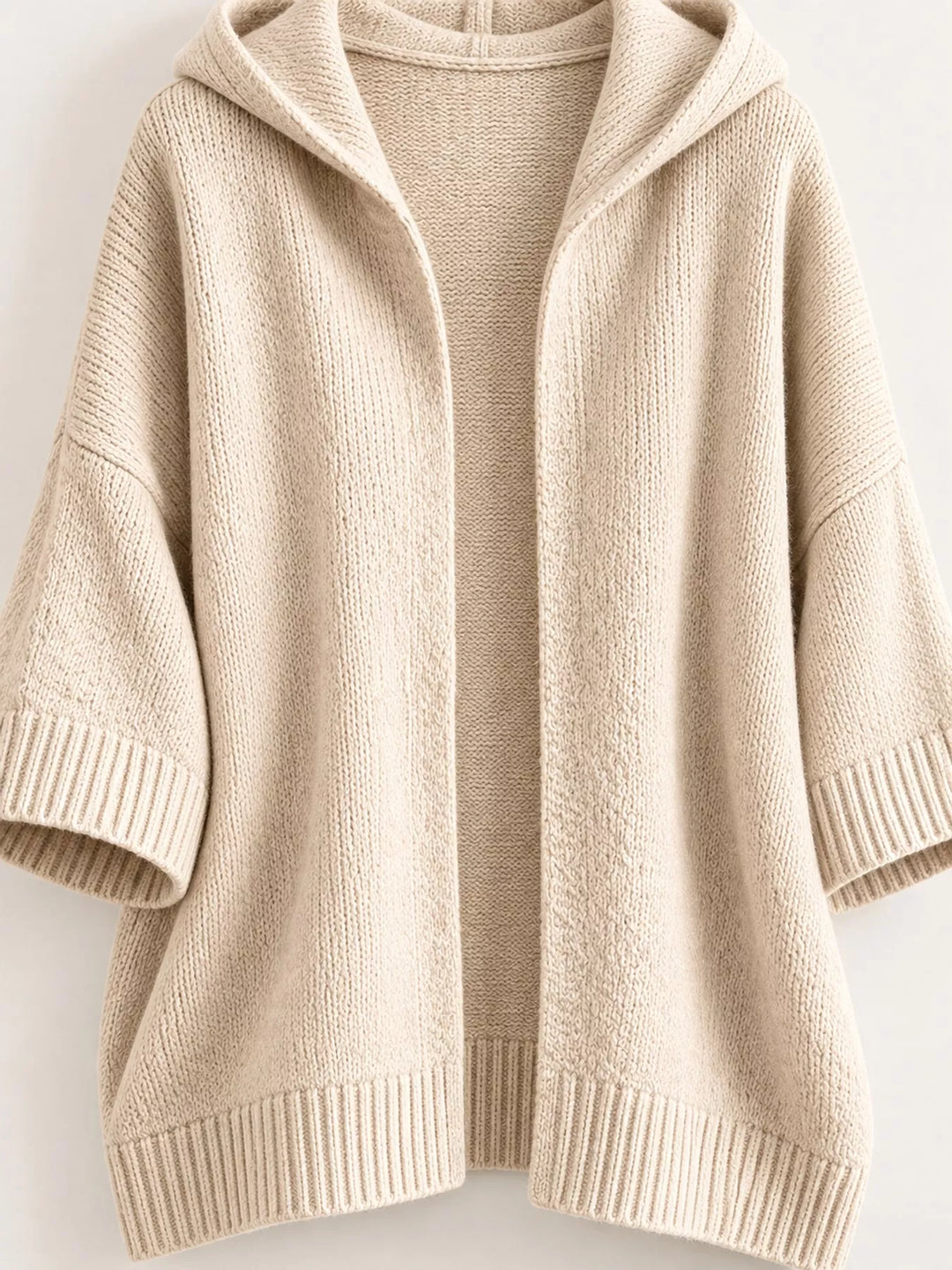 Hooded open front drop shoulder in apricot color, flat lay 2