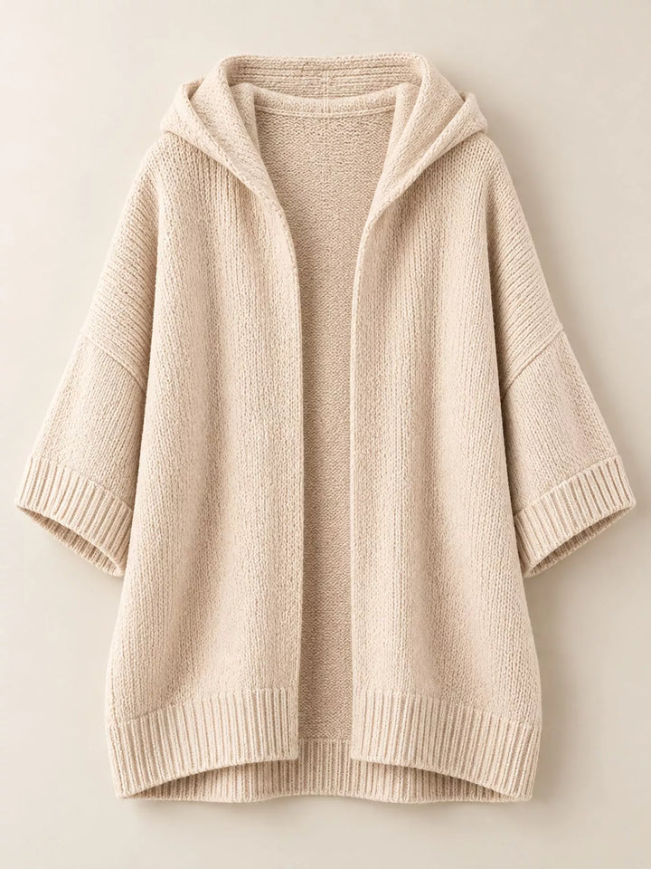 Hooded open front drop shoulder in apricot color, flat lay