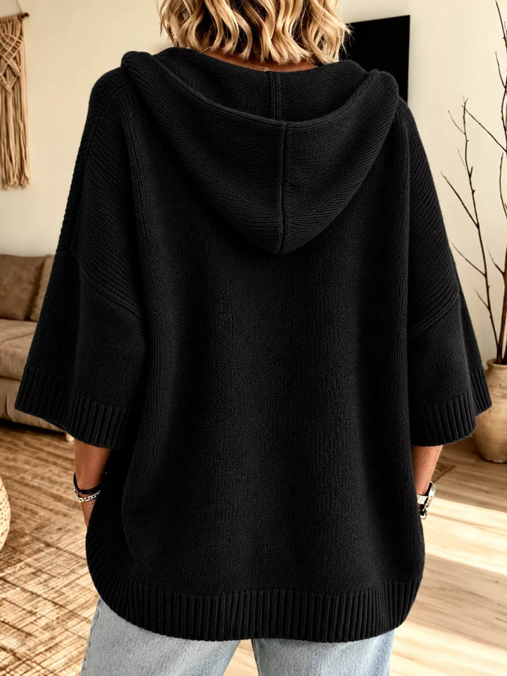Hooded open front drop shoulder in black, back view