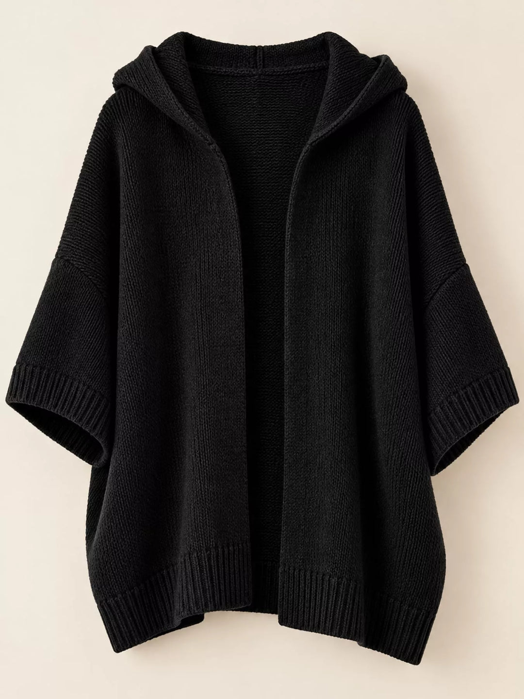 Hooded open front drop shoulder in black, flat lay