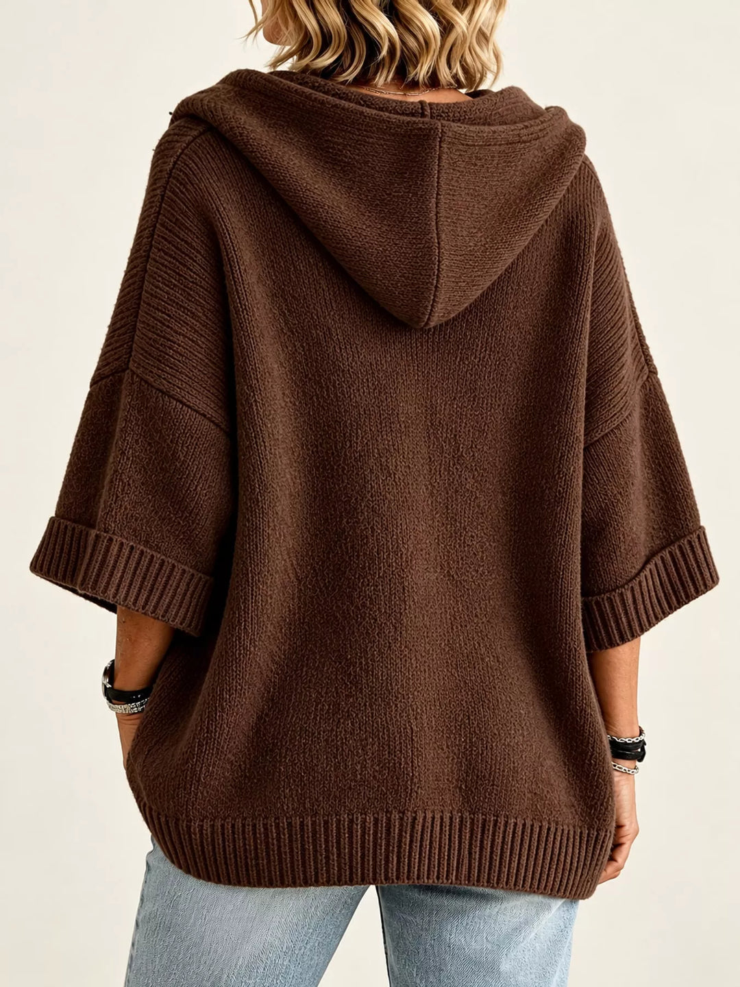 Hooded open front drop shoulder in brown, back view