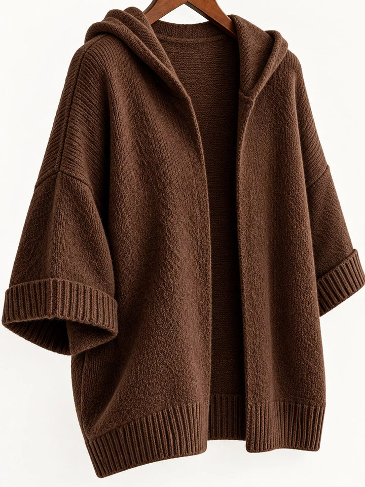 Hooded open front drop shoulder in brown, flat lay