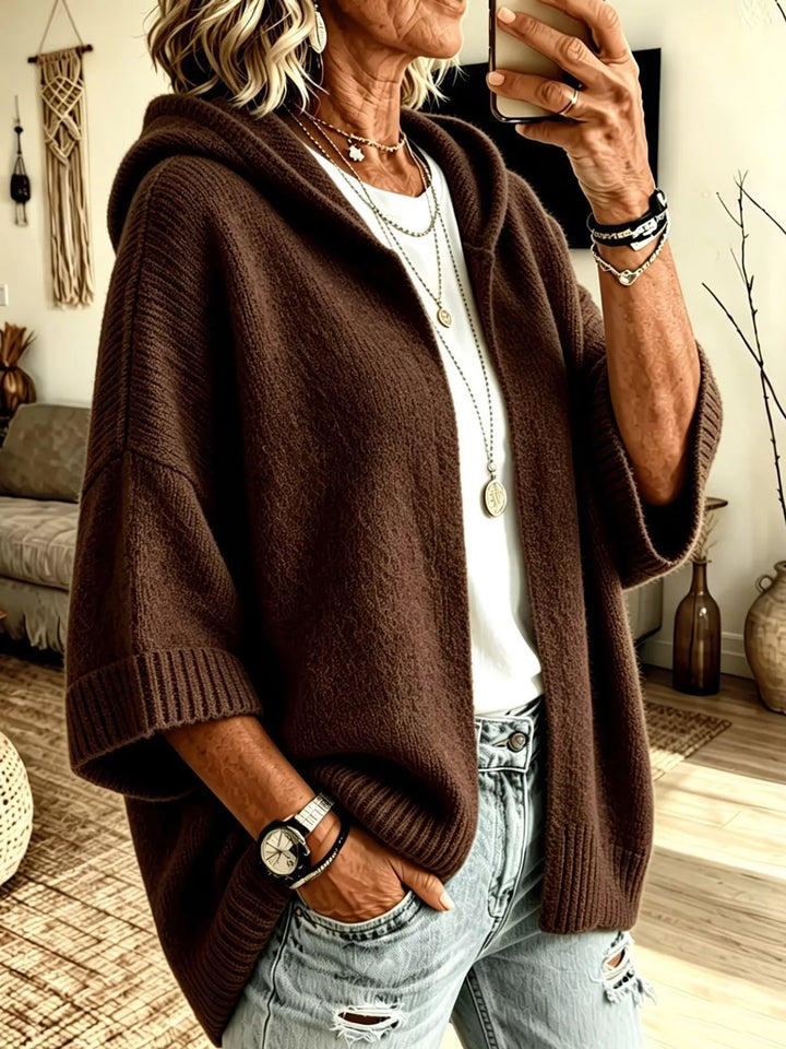 Hooded open front drop shoulder in brown, front view