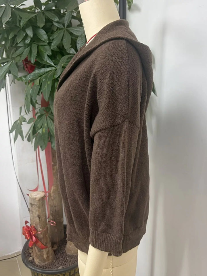 Hooded open front drop shoulder in brown, styled on model 2