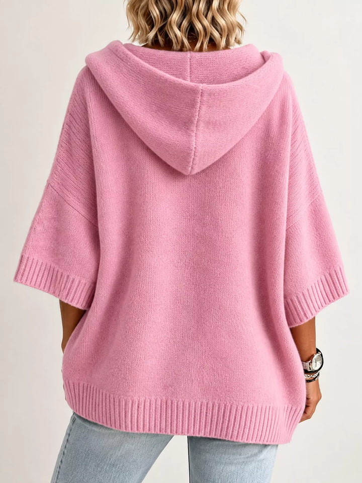 Hooded open front drop shoulder in pink, back view