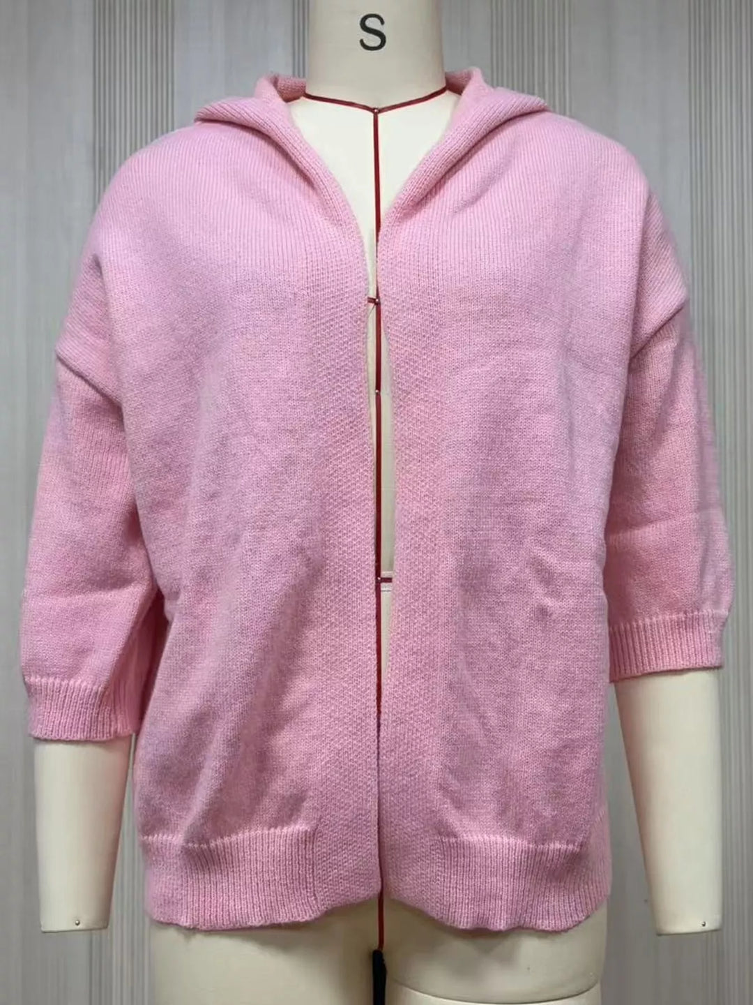 Hooded open front drop shoulder in pink, flat lay