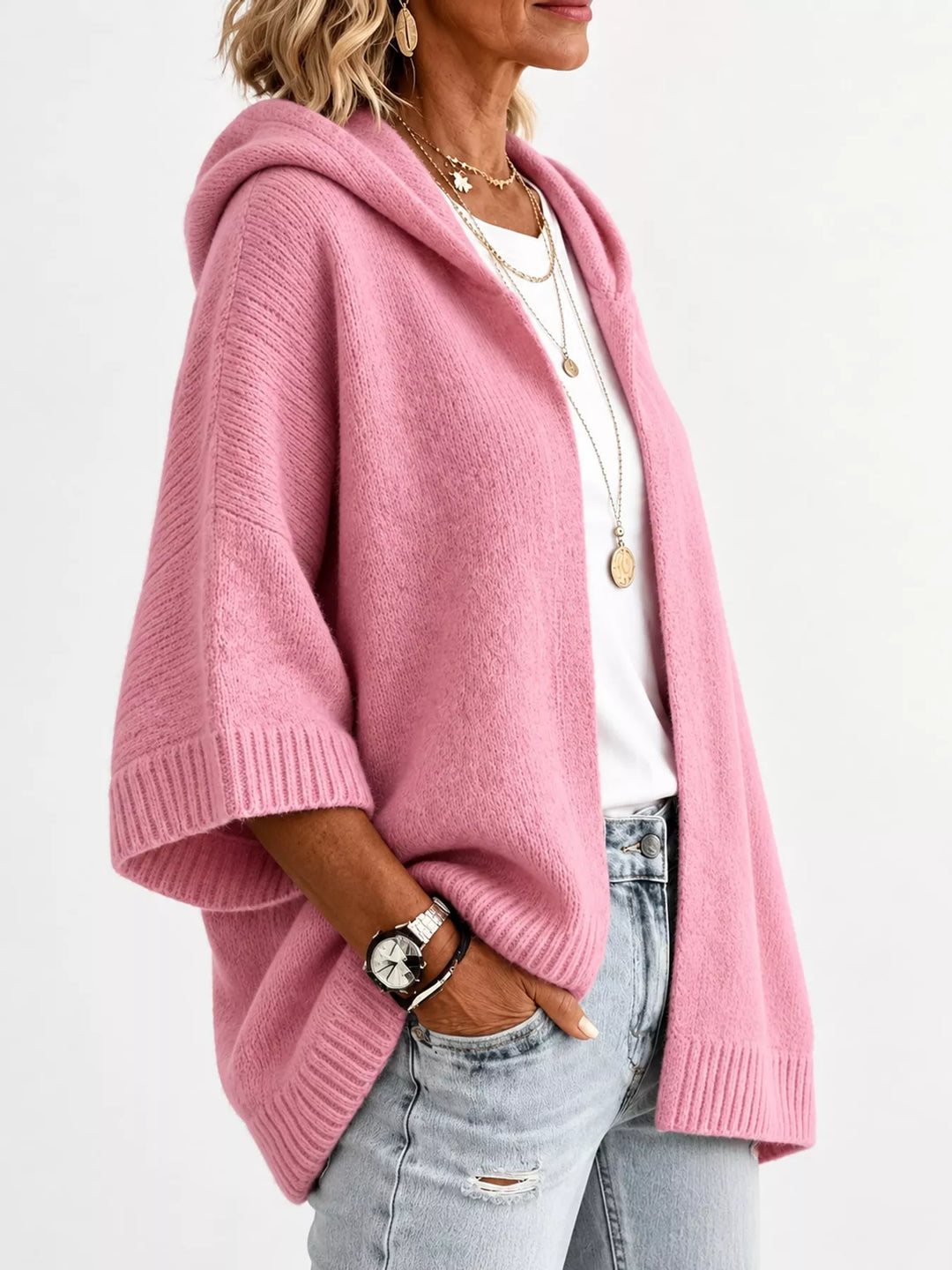 Hooded open front drop shoulder in pink, styled on model 2