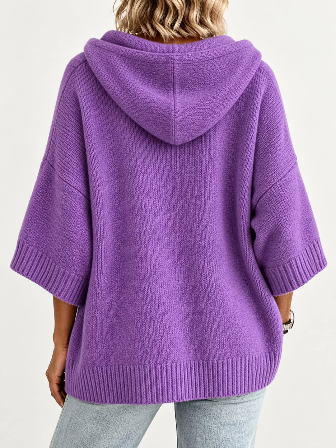 Hooded open front drop shoulder in purple, back view