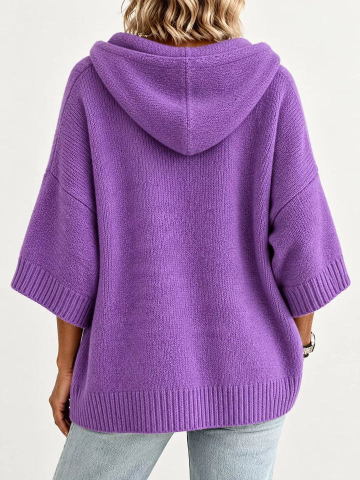 Hooded open front drop shoulder in purple, back view