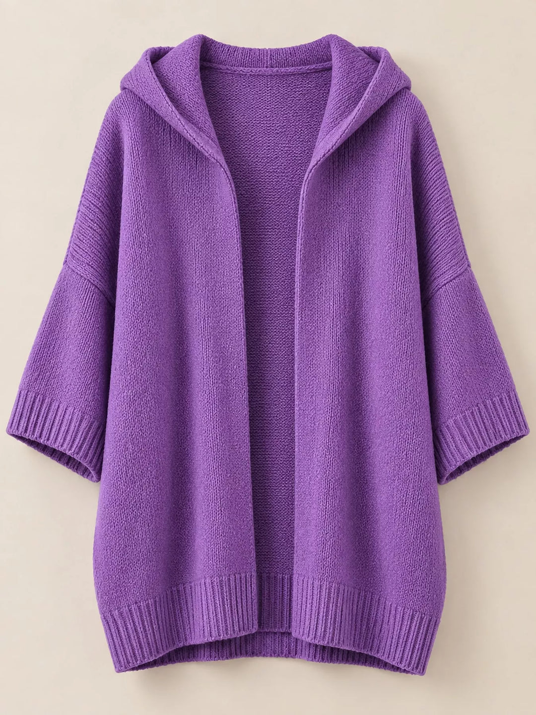 Hooded open front drop shoulder in purple, flat lay
