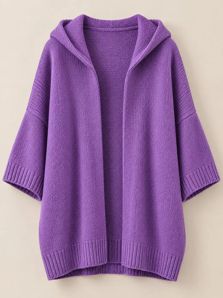 Hooded open front drop shoulder in purple, flat lay