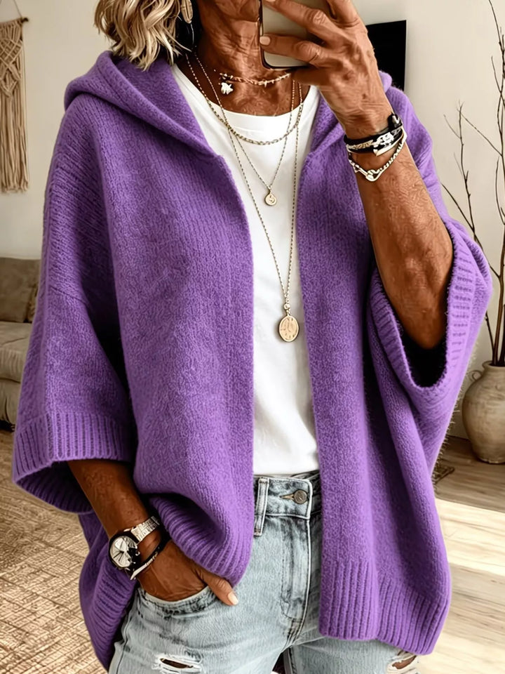 Hooded open front drop shoulder in purple, front view