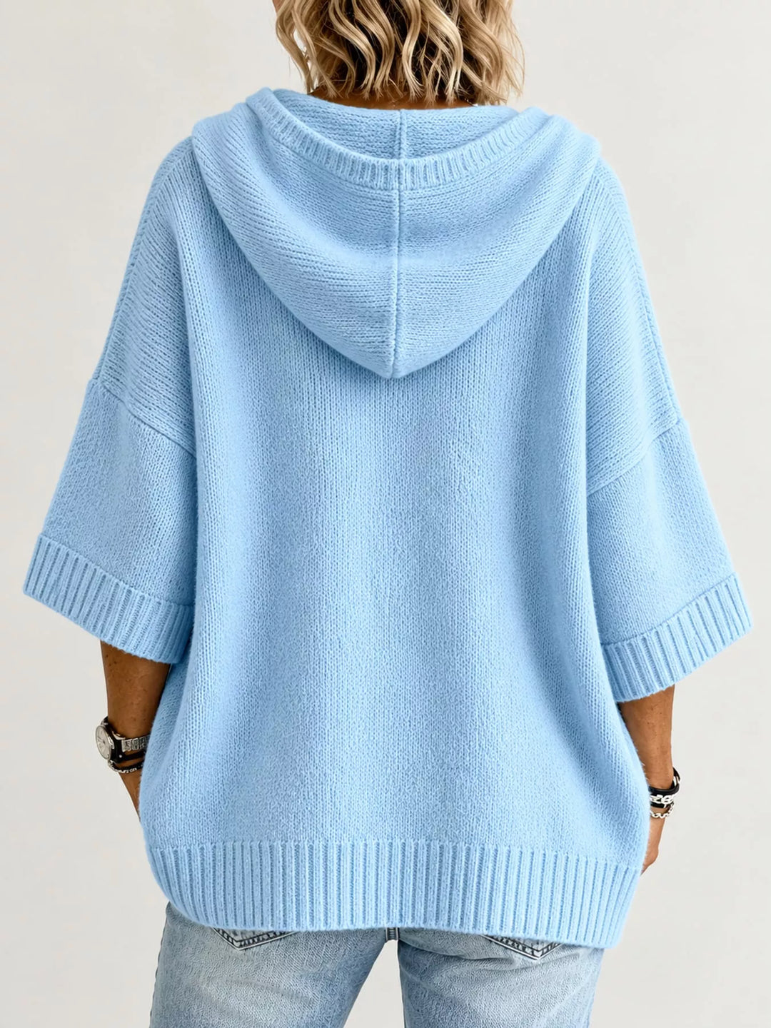 Hooded open front drop shoulder in sky blue, back view