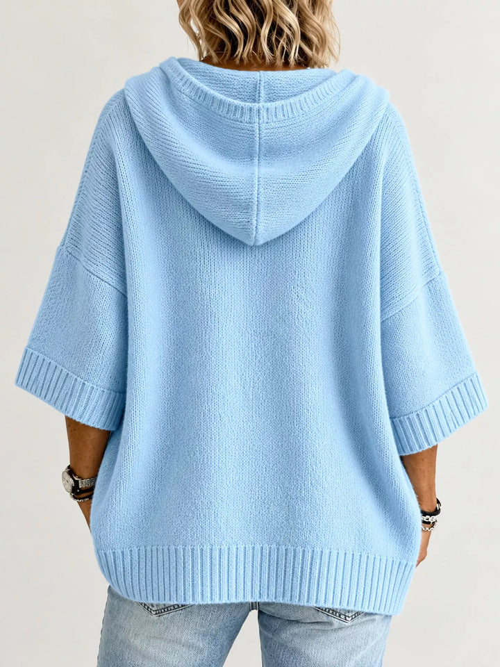 Hooded open front drop shoulder in sky blue, back view