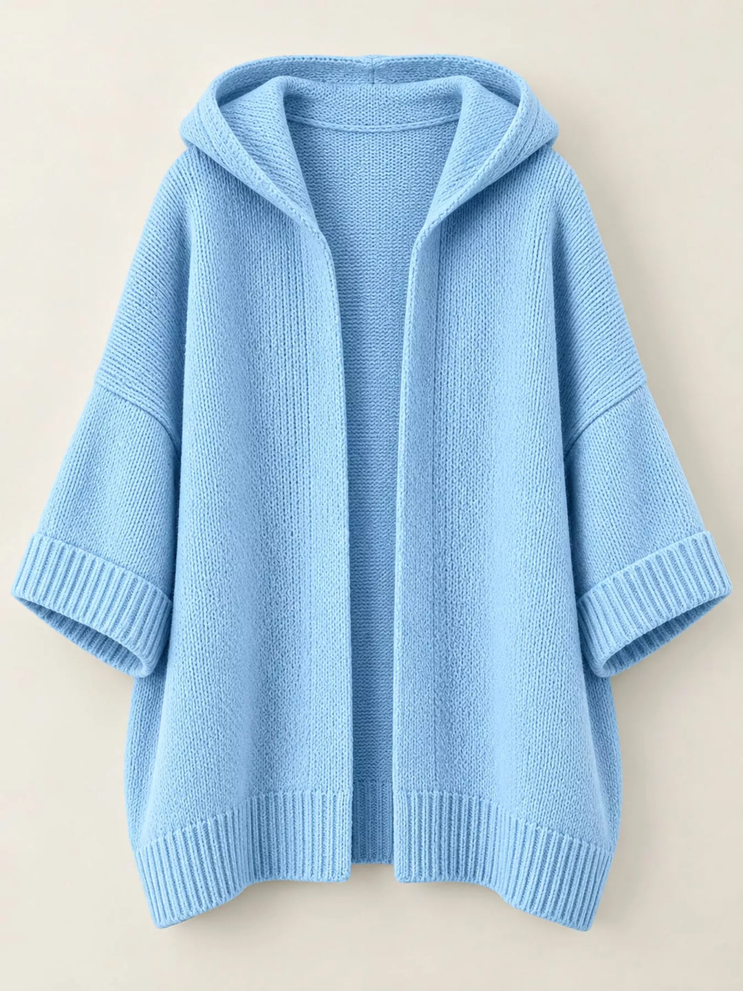 Hooded open front drop shoulder in sky blue, flat lay