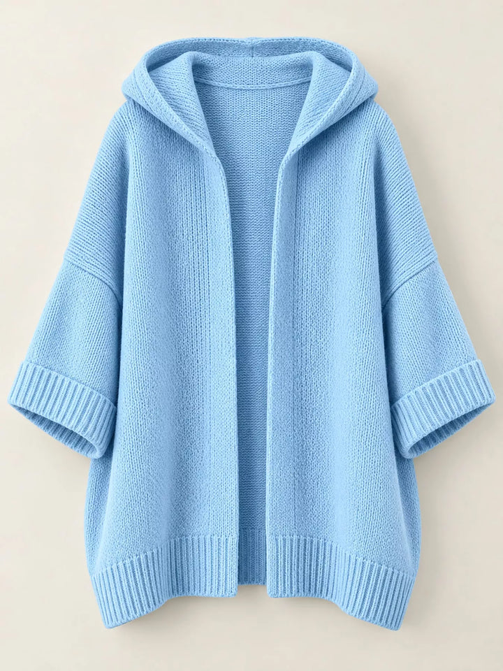 Hooded open front drop shoulder in sky blue, flat lay