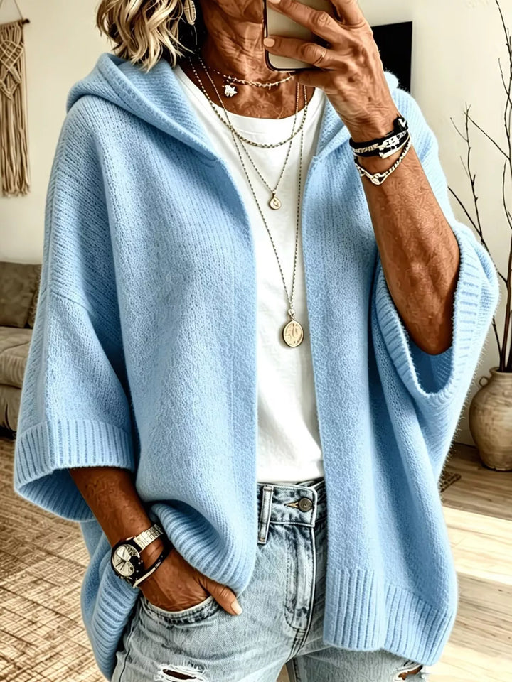 Hooded open front drop shoulder in sky blue, front view
