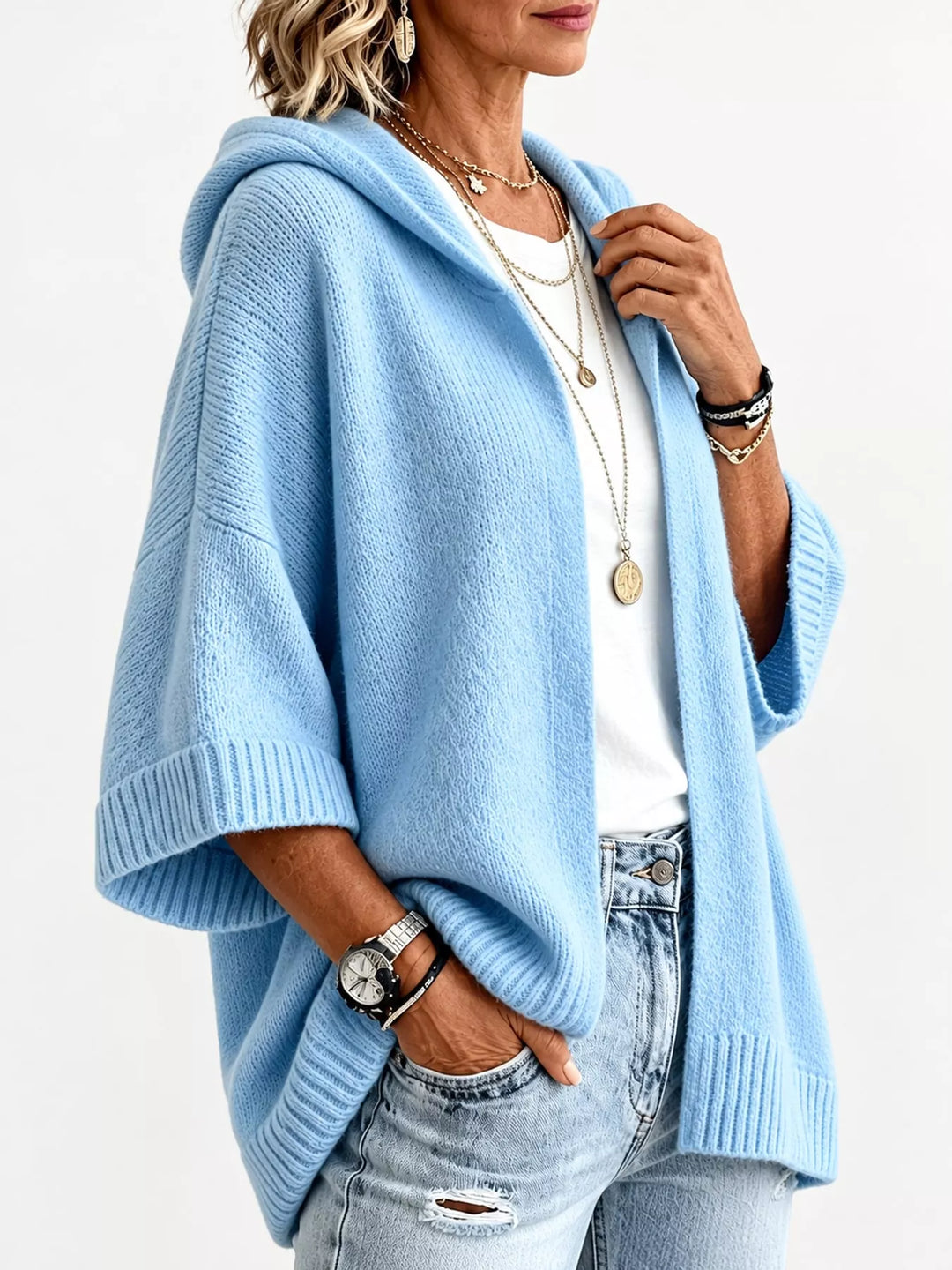 Hooded open front drop shoulder in sky blue, styled on model