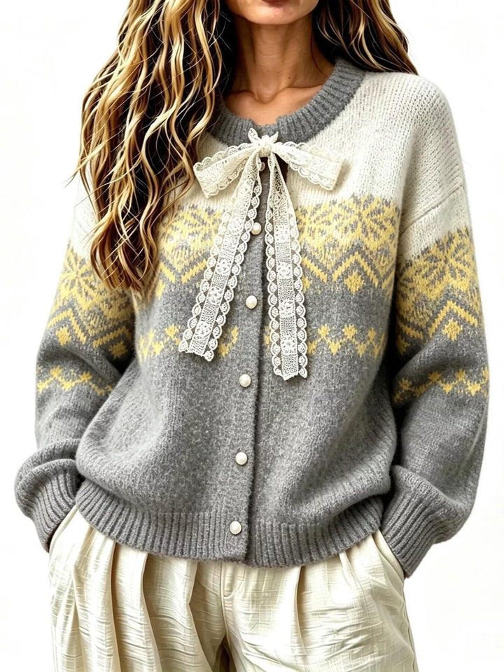 Lace bow fair isle button front in gray, front view 2