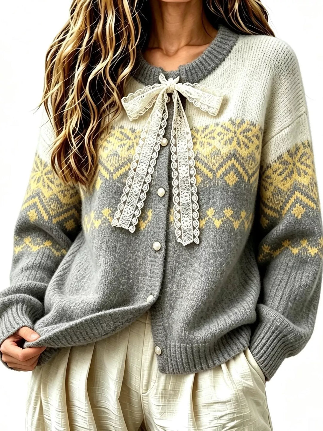 Lace bow fair isle button front in gray, front view