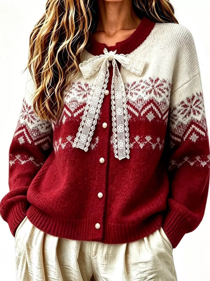Lace bow fair isle button front in red, front view