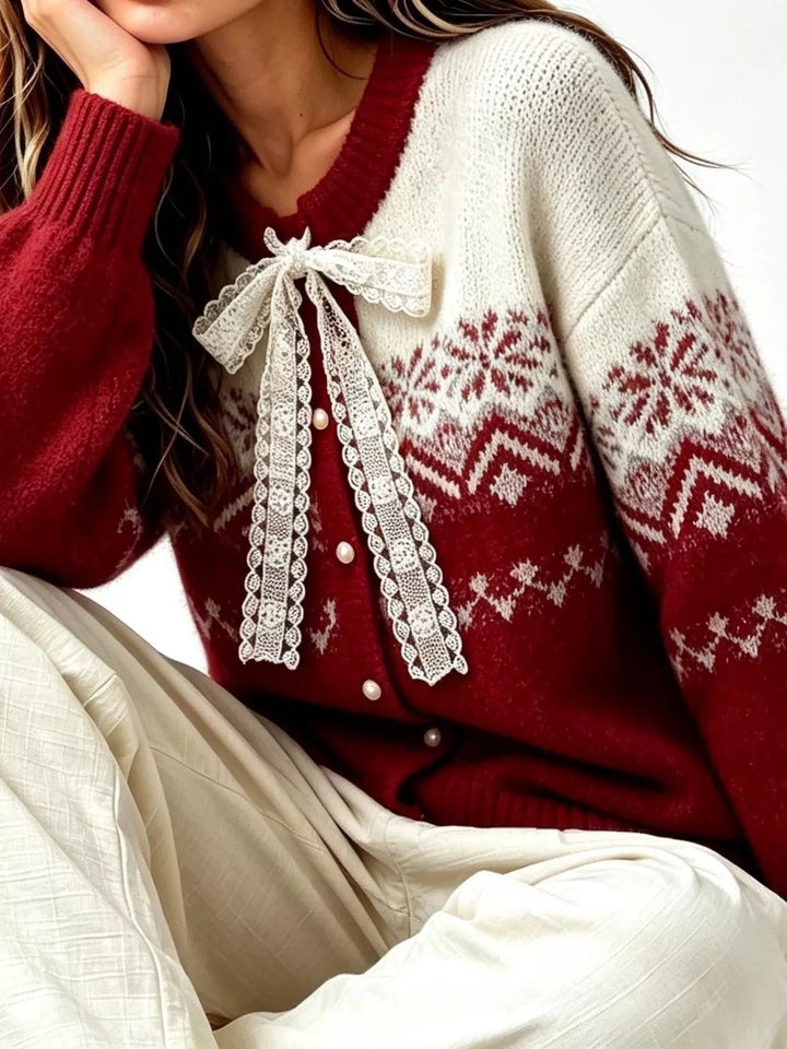 Lace bow fair isle button front in red, styled on model 2
