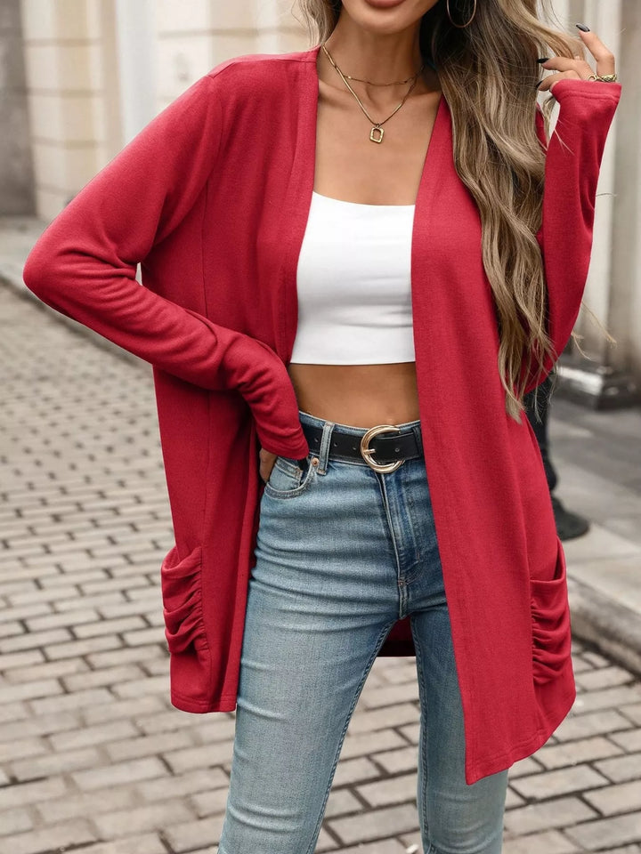 Women's cardigan sweater in red, open front waterfall drape thumbholes