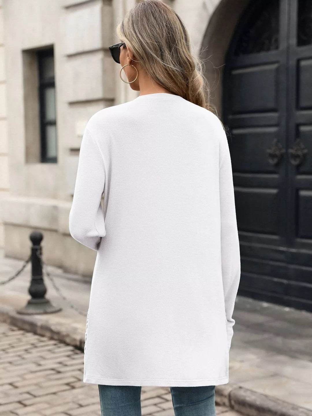 Open front waterfall drape thumbholes in white, back view