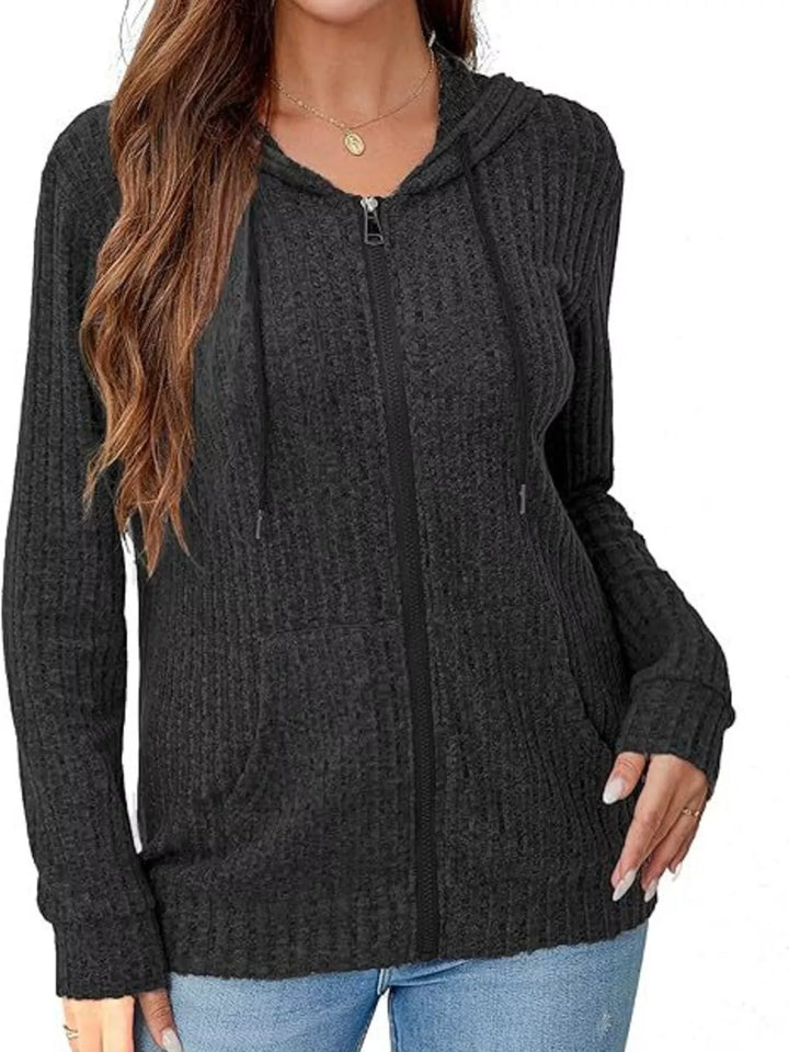 Women's cardigan sweater in black, ribbed knit hooded zip drawstring