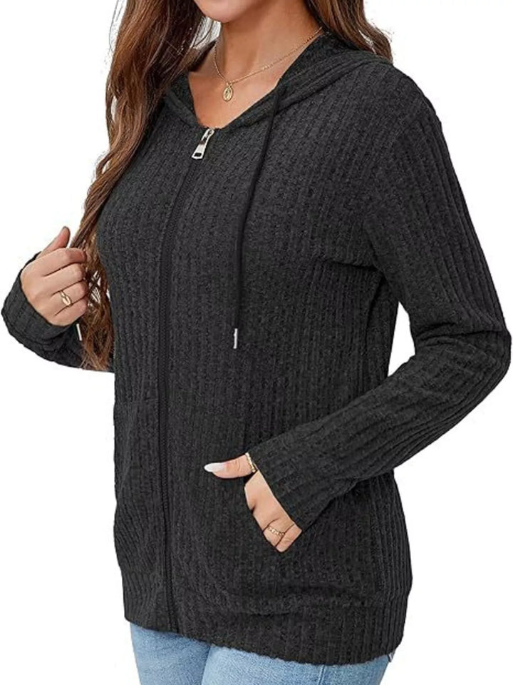 Ribbed knit hooded zip drawstring in black, styled on model 2