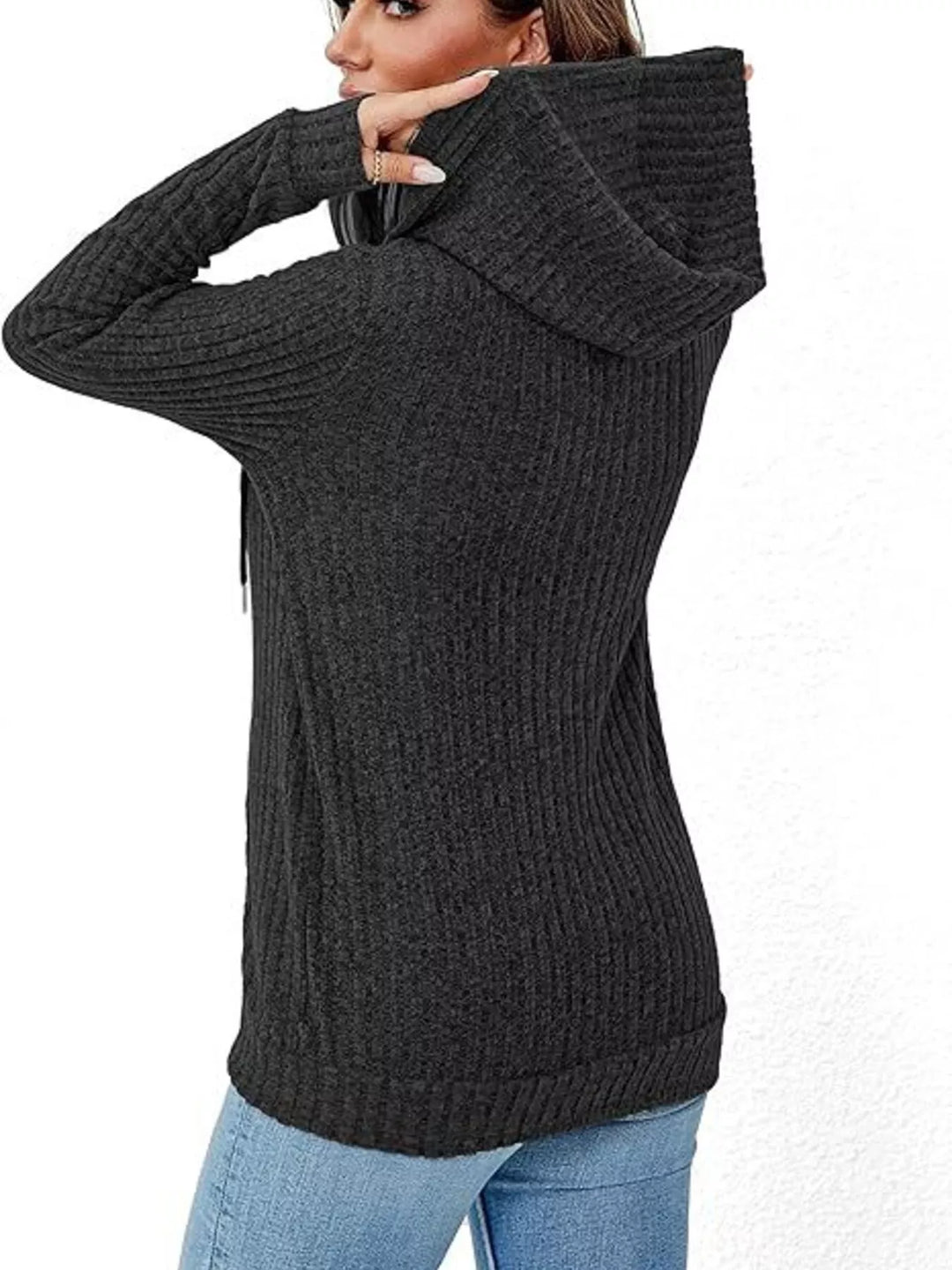 Ribbed knit hooded zip drawstring in black, styled on model 3