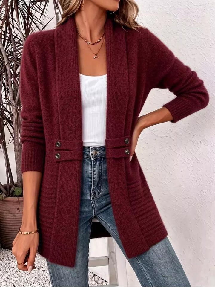 Shawl collar open front waist band in burgundy, front view