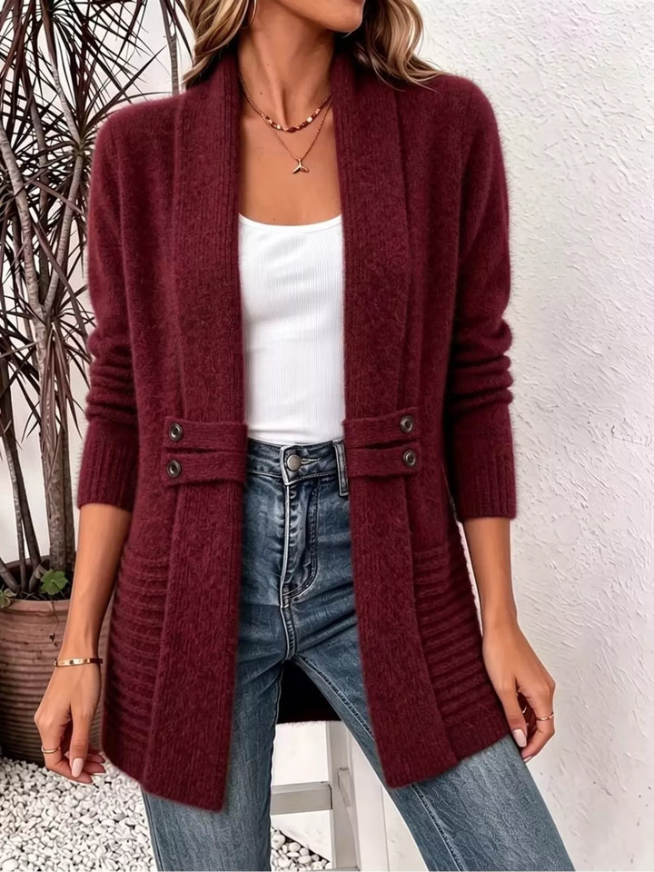 Shawl collar open front waist band in burgundy, styled on model