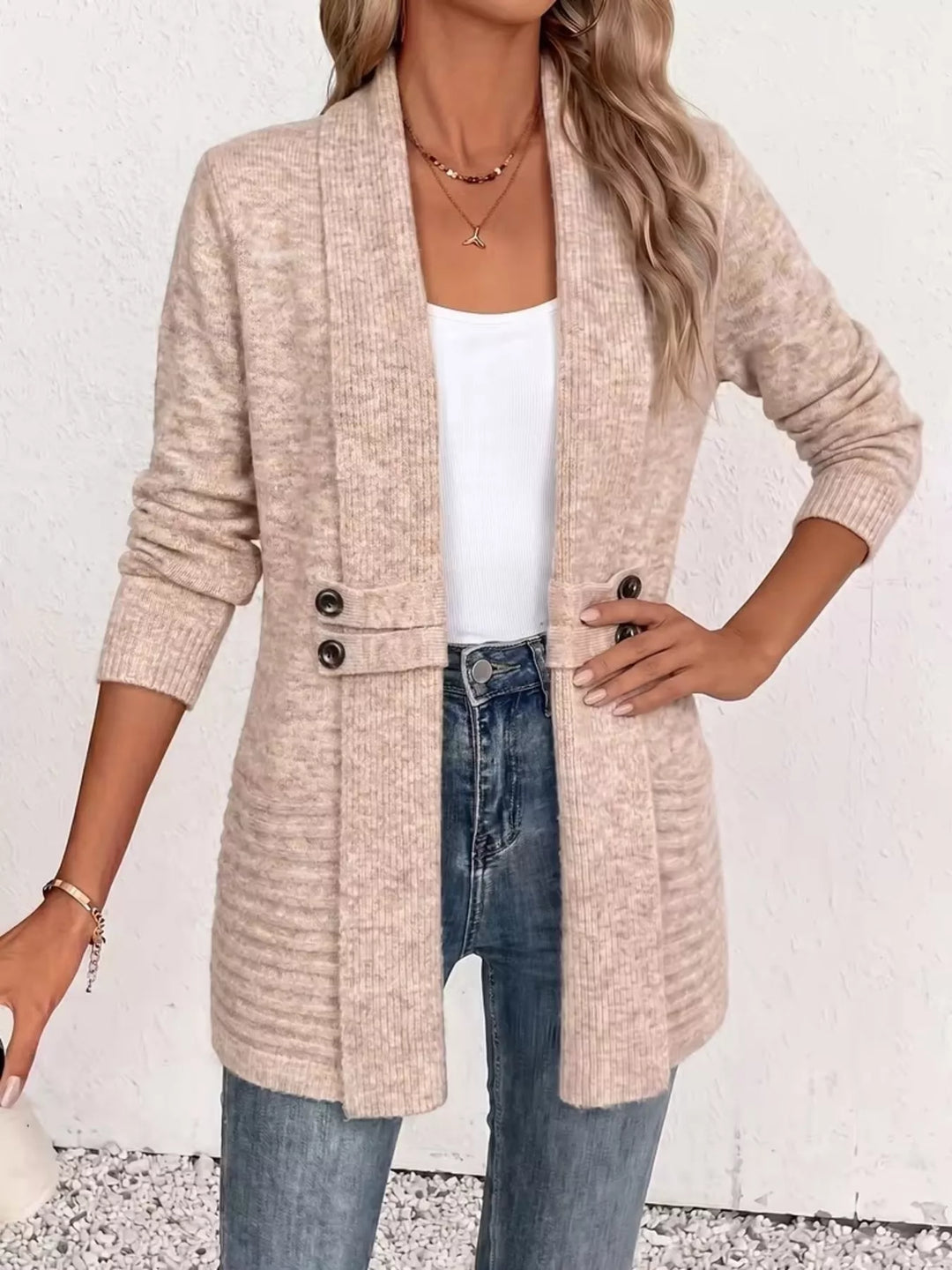 Shawl collar open front waist band in dust storm, styled on model