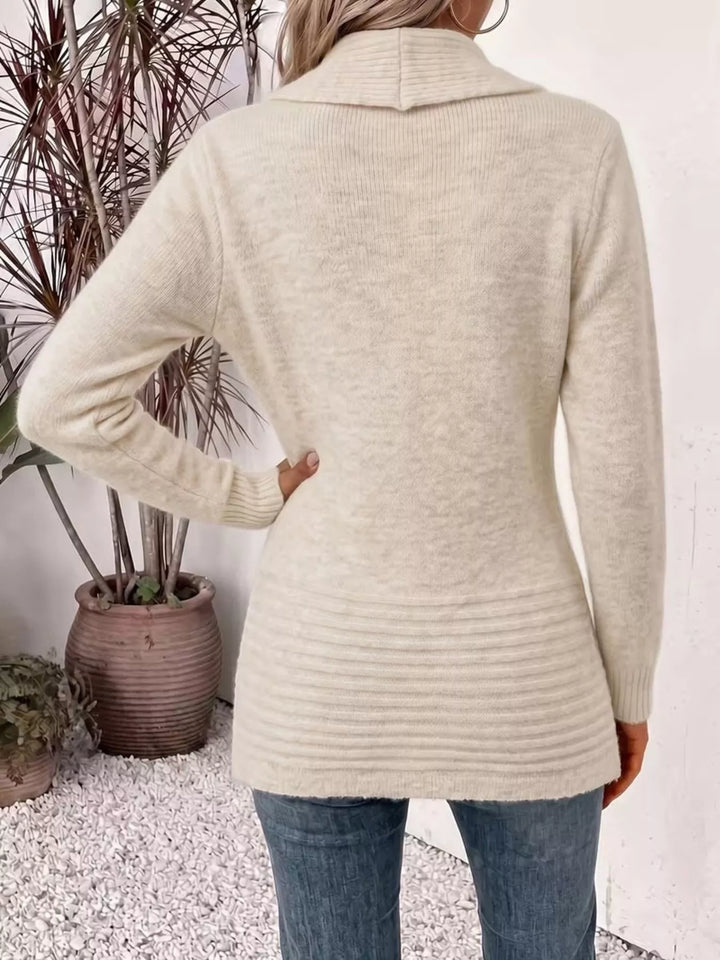 Shawl collar open front waist band in ivory, back view