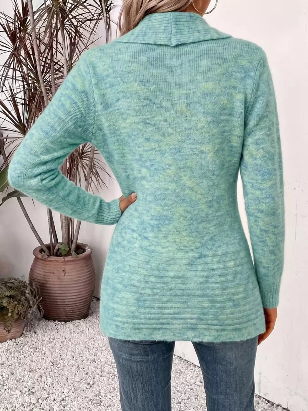 Shawl collar open front waist band in light green, back view