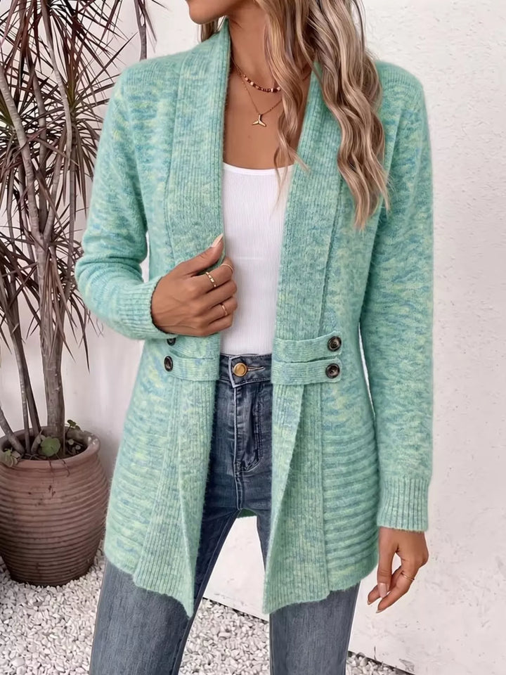 Shawl collar open front waist band in light green, styled on model