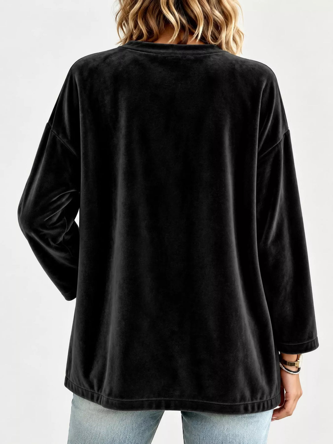 Velvet-look open front shawl collar in black, back view