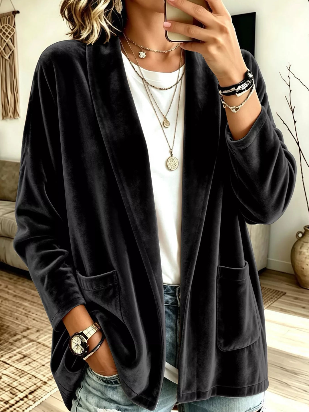 Velvet-look open front shawl collar in black, front view