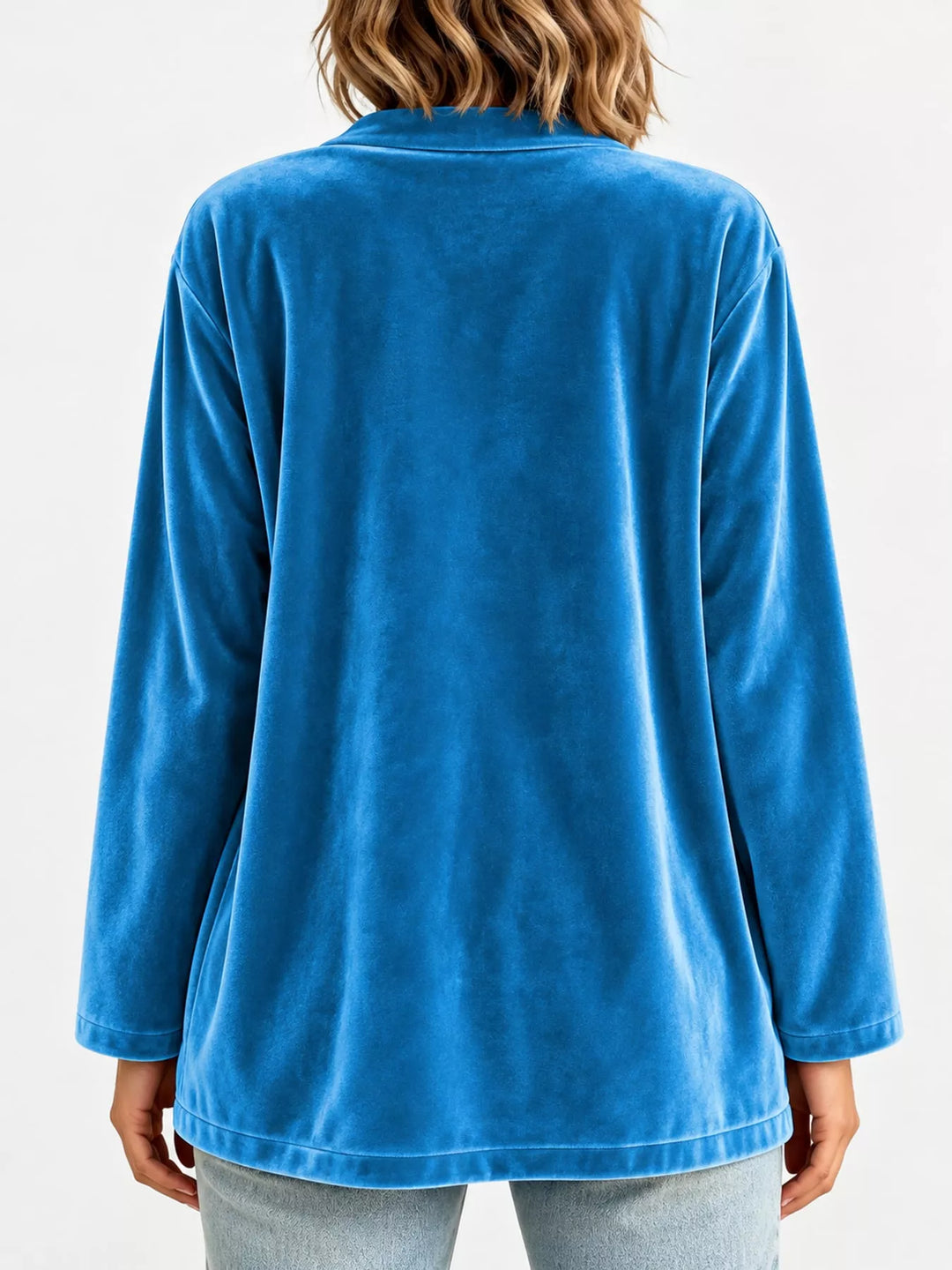 Velvet-look open front shawl collar in blue, back view